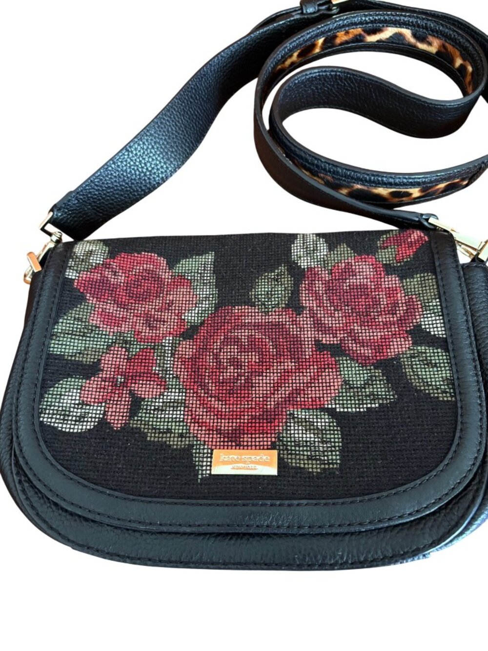 Kate Spade NY Seeley Lane Rae Crossbody Bag Rose Needlepoint & Leopard Strap - Picture 10 of 12